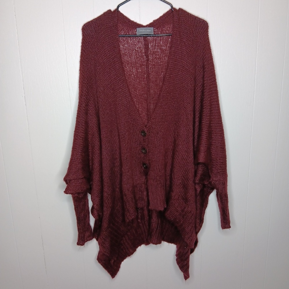 Wooden Ships Cardigan Women S/M Bugundy Button Front Oversized Mohair Wool Blend